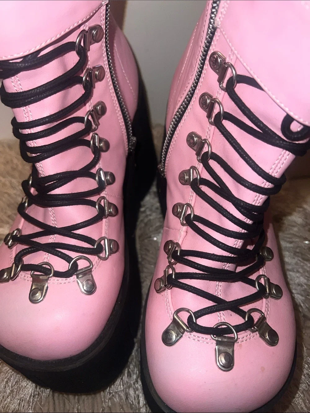 Demonia Pink Platform Lace-Up Ankle Boots with Black Soles